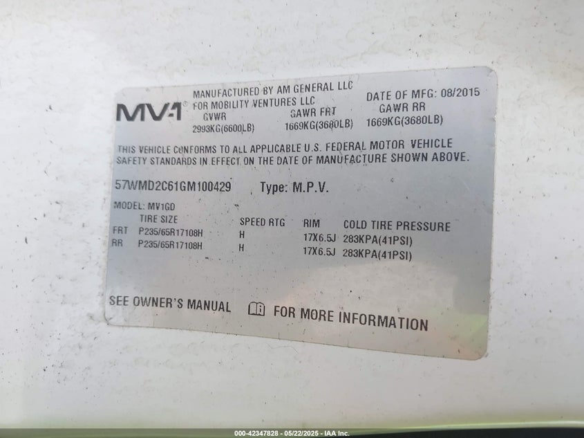 2016 MOBILITY VENTURES MV-1 VIN: 57WMD2C61GM100429