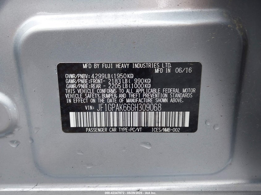 2016 SUBARU IMPREZA 2.0I SPORT LIMITED - JF1GPAK66GH309068