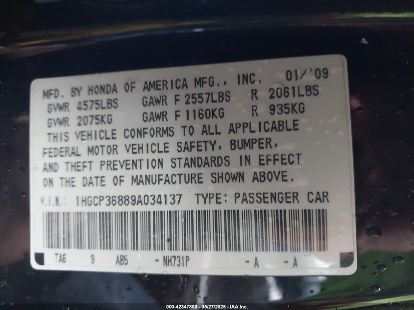 2009 HONDA ACCORD VIN: 1HGCP36889A034137