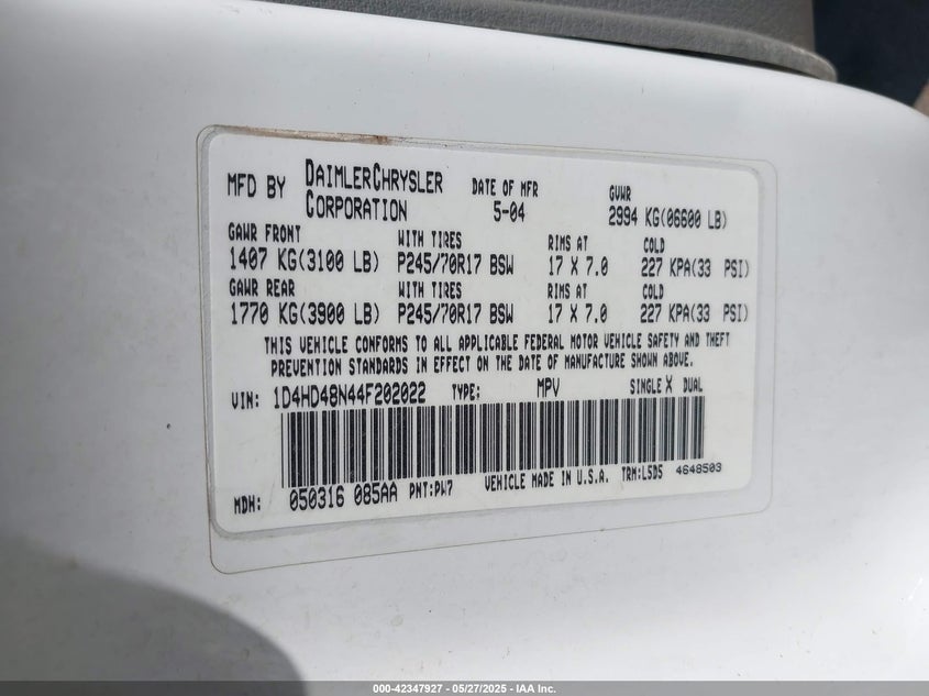 2004 Dodge Durango Slt VIN: 1D4HD48N44F202022 Lot: 42347927