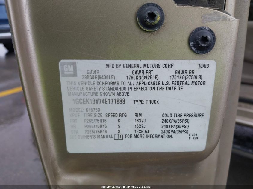 2004 Chevrolet Silverado 1500 Z71 VIN: 1GCEK19V74E171888 Lot: 42347952