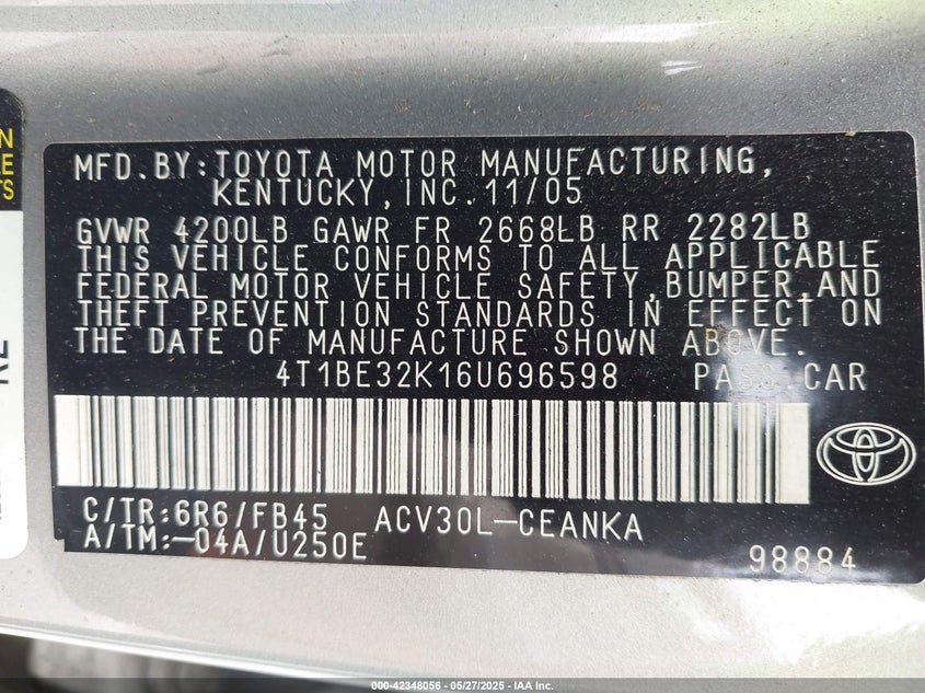 2006 TOYOTA CAMRY VIN: 4T1BE32K16U696598