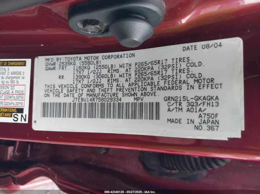 2005 Toyota 4Runner Sr5 Sport V6/Sr5 V6 VIN: JTEBU14R758029334 Lot: 42348128