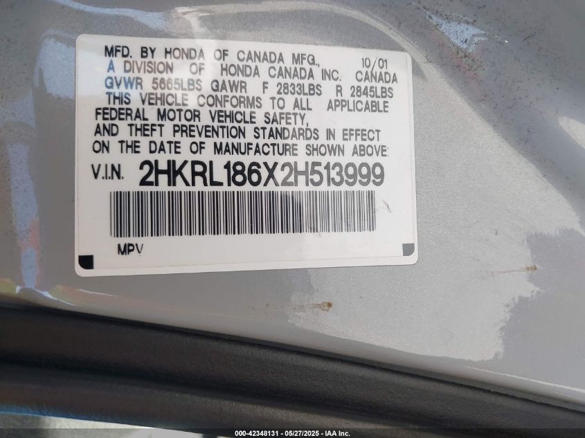 2002 Honda Odyssey Ex VIN: 2HKRL186X28513999 Lot: 42348131