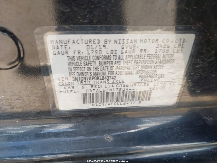 2019 NISSAN VERSA 1.6 SV - 3N1CN7AP0KL843742