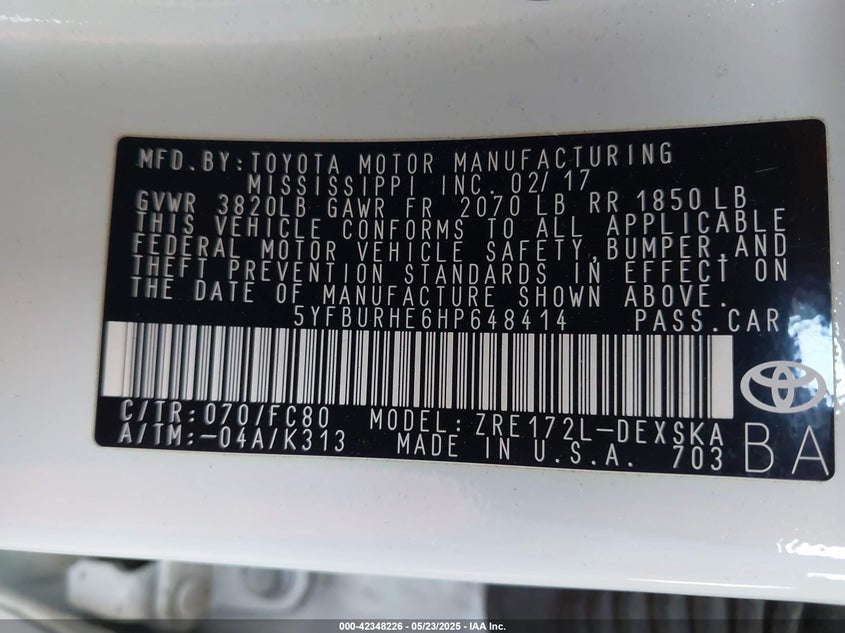 2017 TOYOTA COROLLA L/LE/SE/SE SPECIAL EDITION/XLE/XSE - 5YFBURHE6HP648414