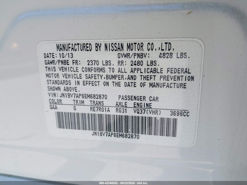2014 INFINITI Q50 VIN: JN1BV7AP6EM682870