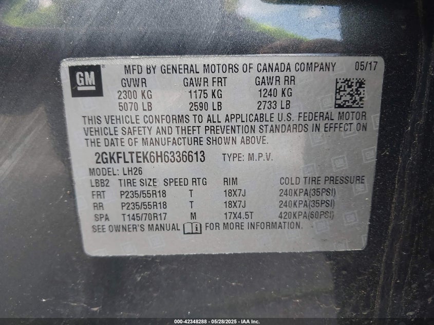 2017 GMC TERRAIN VIN: 2GKFLTEK6H6336613