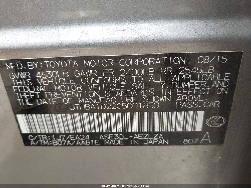 2016 LEXUS IS 200T VIN: JTHBA1D22G5001850