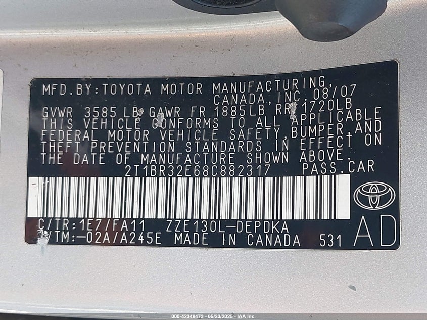 2008 TOYOTA COROLLA VIN: 2T1BR32E68C882317