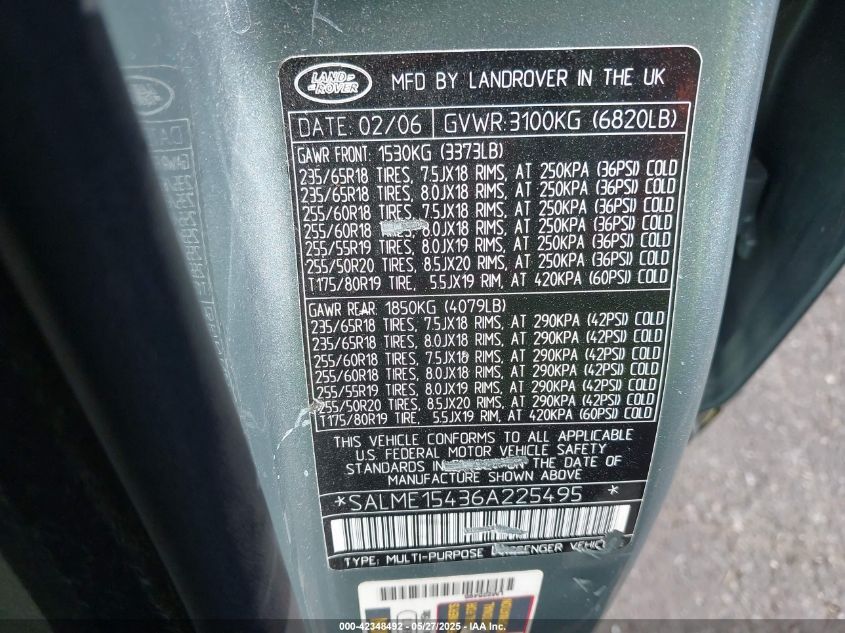 2006 Land Rover Range Rover Hse VIN: SALME15436A225495 Lot: 42348492