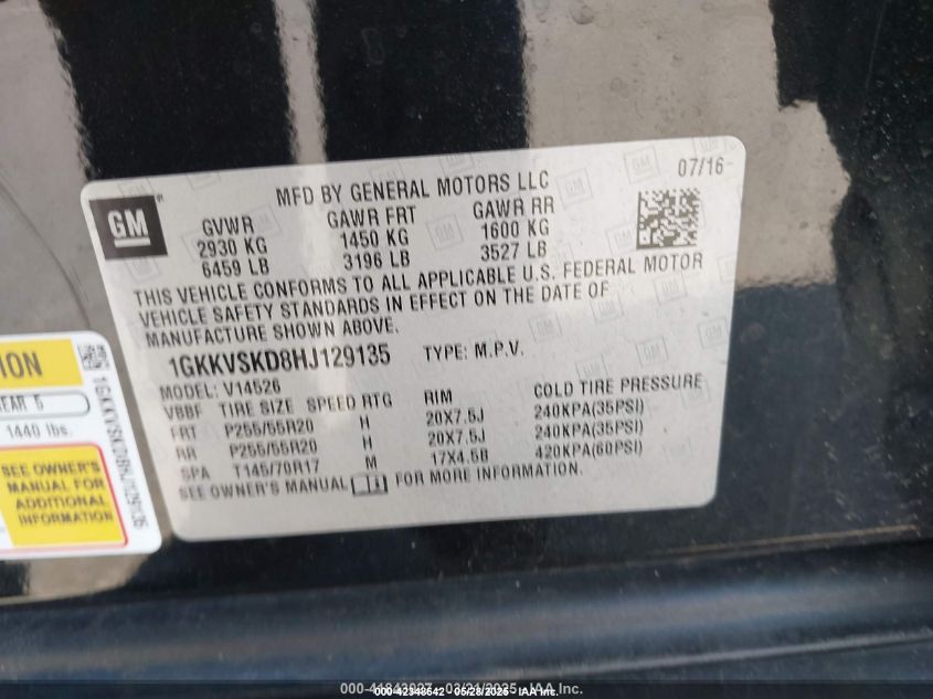 2017 GMC Acadia Limited VIN: 1GKKVSKD8HJ129135 Lot: 42348642