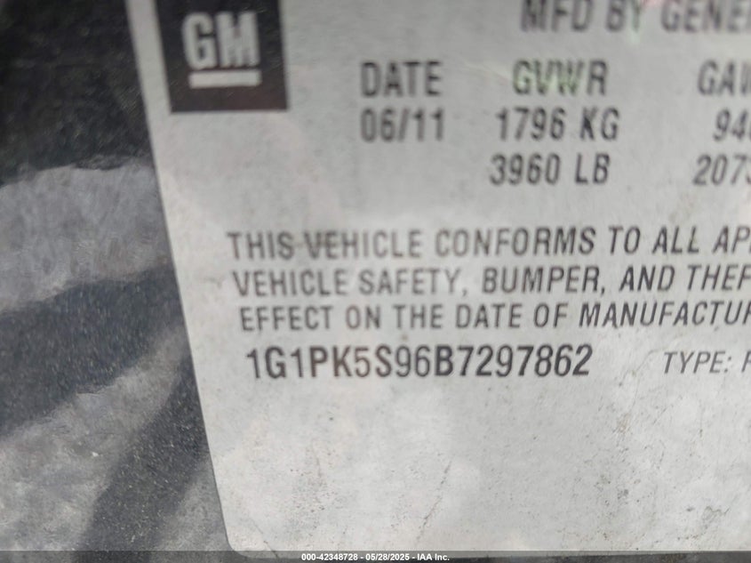 2011 CHEVROLET CRUZE VIN: 1G1PK5S96B7297862