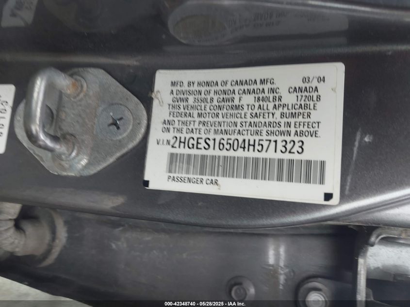 2004 Honda Civic Lx VIN: 2HGES16504H571323 Lot: 42348740