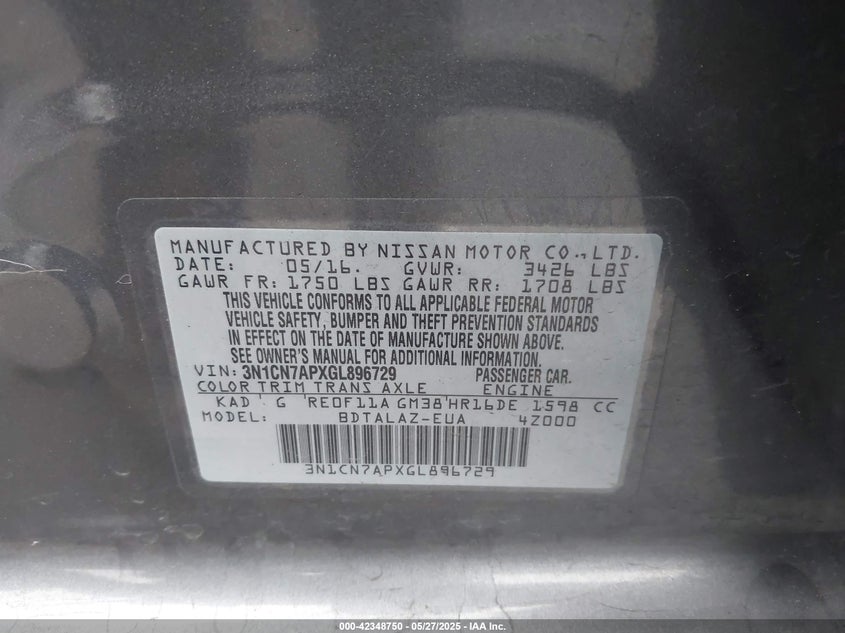 2016 NISSAN VERSA S/S PLUS/SV/SL - 3N1CN7APXGL896729