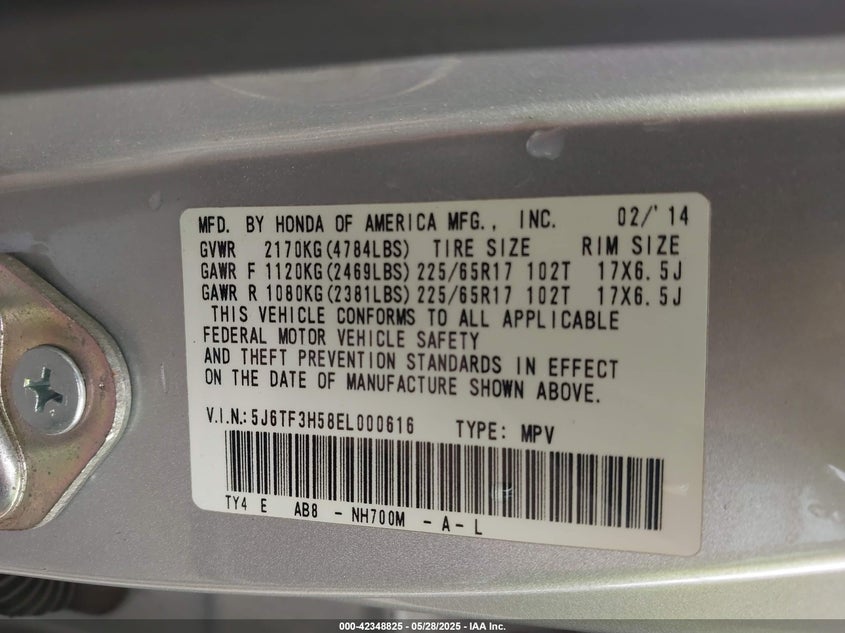 2014 HONDA CROSSTOUR VIN: 5J6TF3H58EL000616