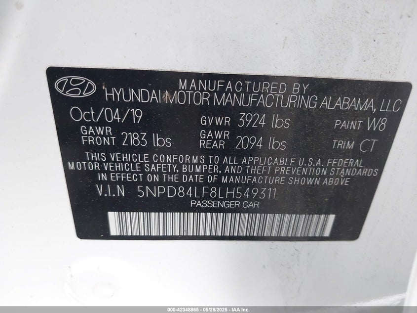 2020 HYUNDAI ELANTRA VIN: 5NPD84LF8LH549311