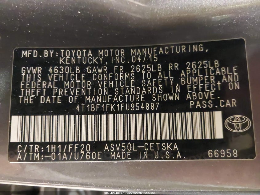 2015 TOYOTA CAMRY LE/SE/XLE/XSE - 4T1BF1FK1FU954887