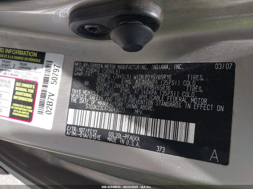 2007 Toyota Sienna Ce/Le VIN: 5TDZK23CX7S049023 Lot: 42349033