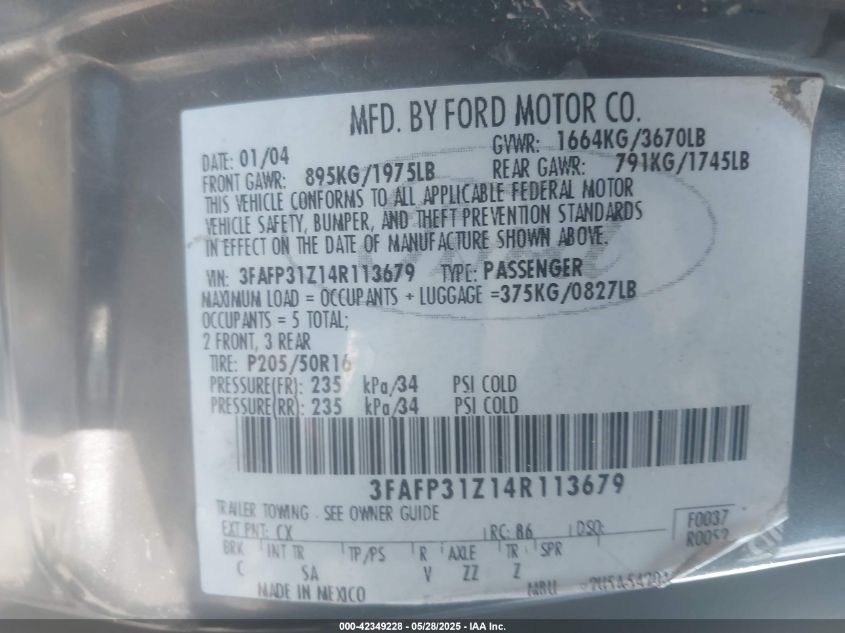 2004 Ford Focus Zx3 VIN: 3FAFP31Z14R113679 Lot: 42349228