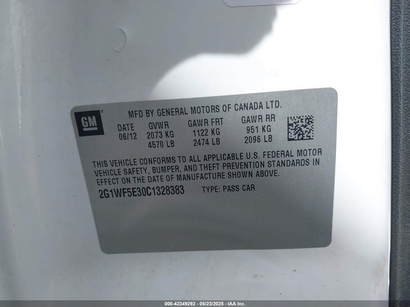 2012 CHEVROLET IMPALA VIN: 2G1WF5E30C1328383