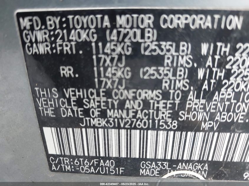 2007 Toyota Rav4 Limited V6 VIN: JTMBK31V276011538 Lot: 42349407