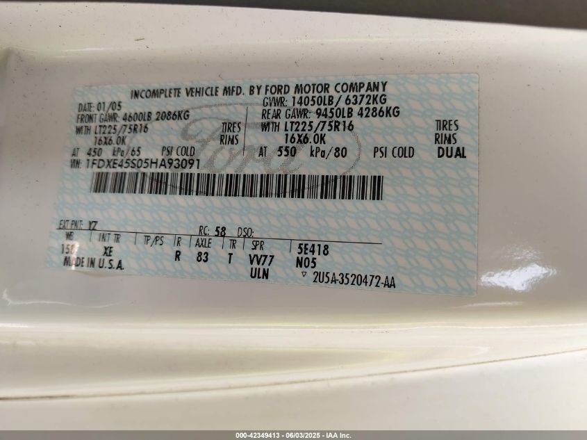 2005 Ford E-450 Cutaway Standard VIN: 1FDXE45S05HA93091 Lot: 42349413