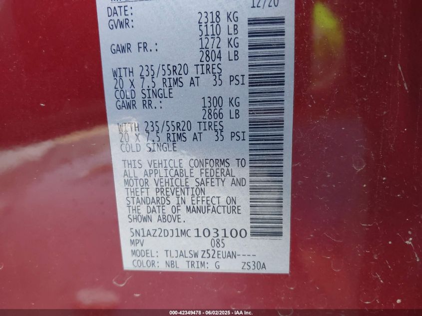 2021 Nissan Murano Platinum Fwd VIN: 5N1AZ2DJ1MC103100 Lot: 42349478