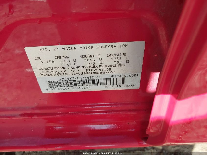 2007 Mazda Mazda3 I VIN: JM1BK32F571672310 Lot: 42349503