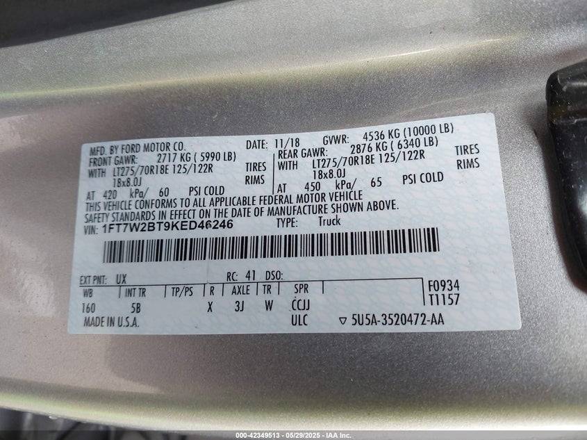 2019 FORD F-250 LARIAT - 1FT7W2BT9KED46246