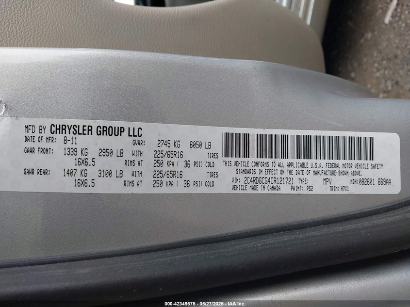 2012 DODGE GRAND CARAVAN VIN: 2C4RDGCG4CR121721