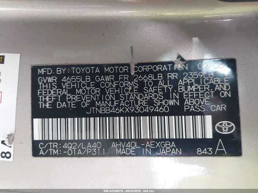 2009 TOYOTA CAMRY HYBRID VIN: JTNBB46KX93049460