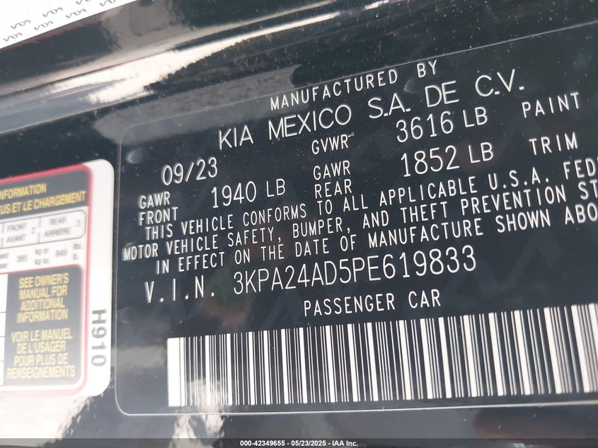 VIN 3KPA24AD5PE619833 2023 KIA RIO LX