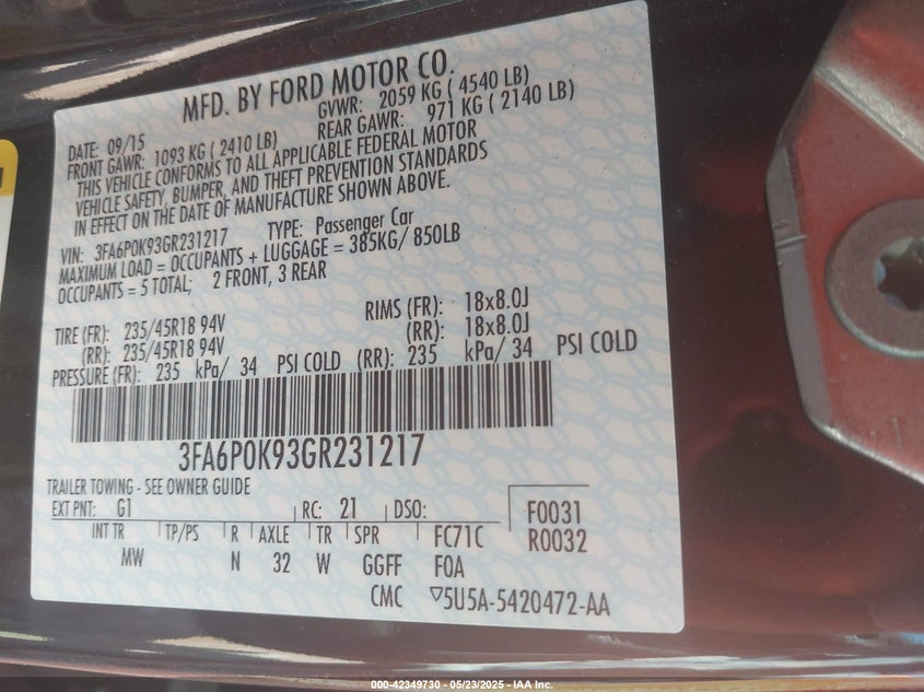 2016 FORD FUSION VIN: 3FA6P0K93GR231217
