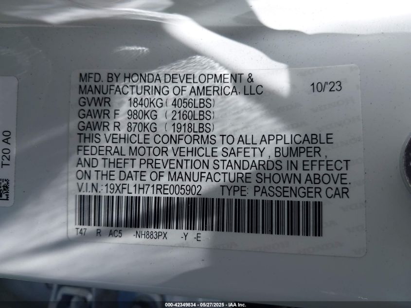 2024 Honda Civic Ex-L VIN: 19XFL1H71RE005902 Lot: 42349834