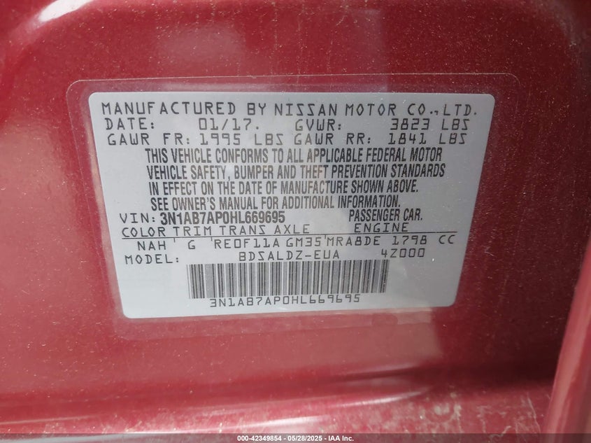 VIN 3N1AB7AP0HL669695 2017 NISSAN SENTRA SV