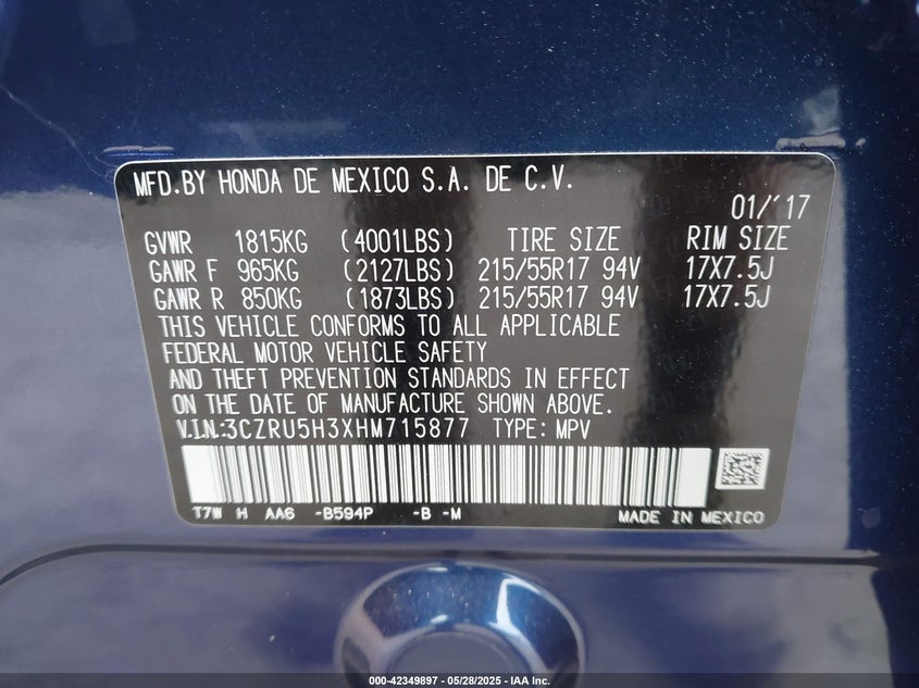 2017 HONDA HR-V VIN: 3CZRU5H3XHM715877