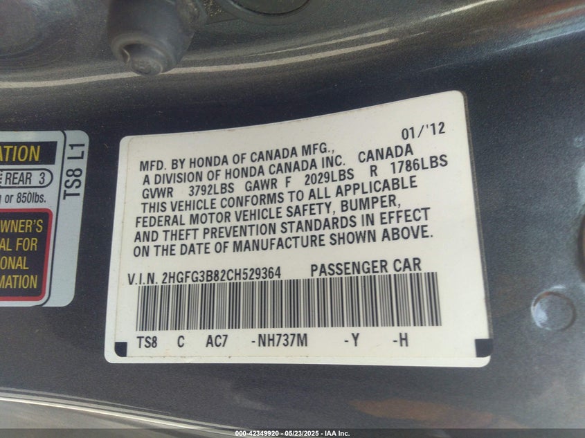 2012 HONDA CIVIC VIN: 2HGFG3B82CH529364