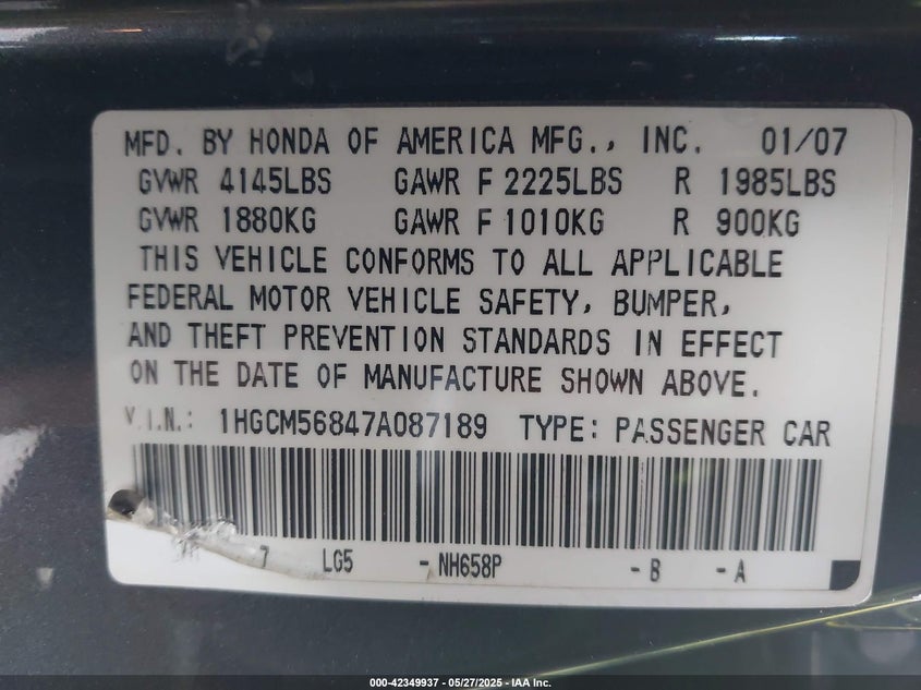 2007 HONDA ACCORD VIN: 1HGCM56847A087189