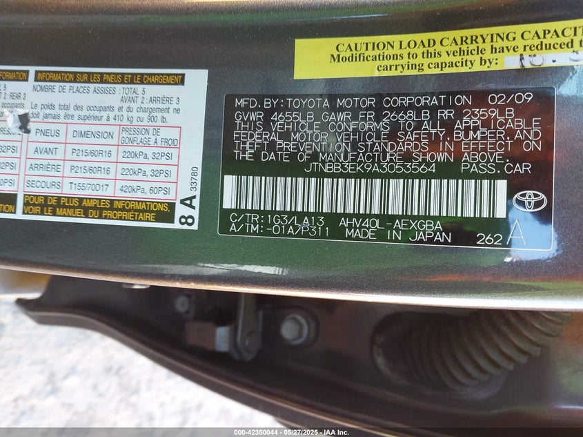 2010 TOYOTA CAMRY HYBRID VIN: JTNBB3EK9A3053564