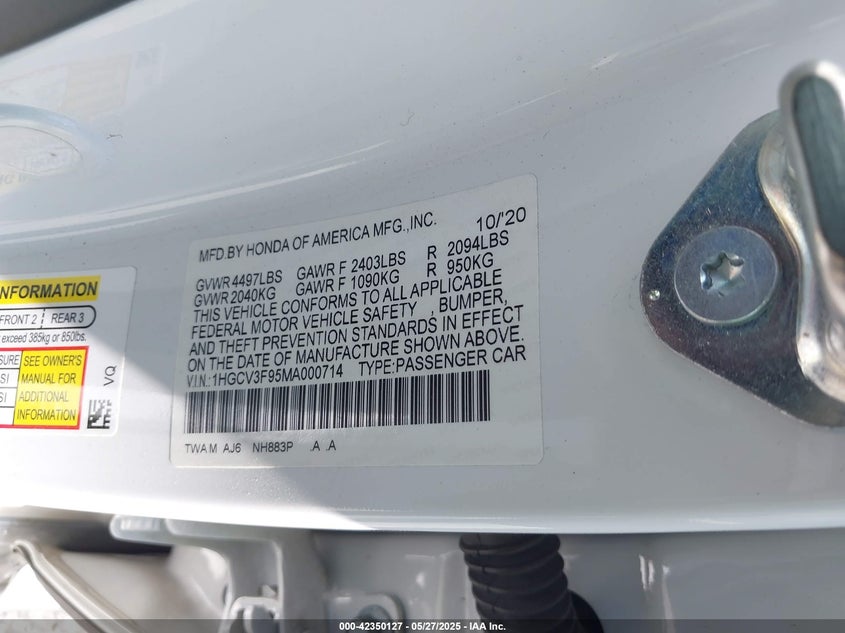 2021 HONDA ACCORD VIN: 1HGCV3F95MA000714