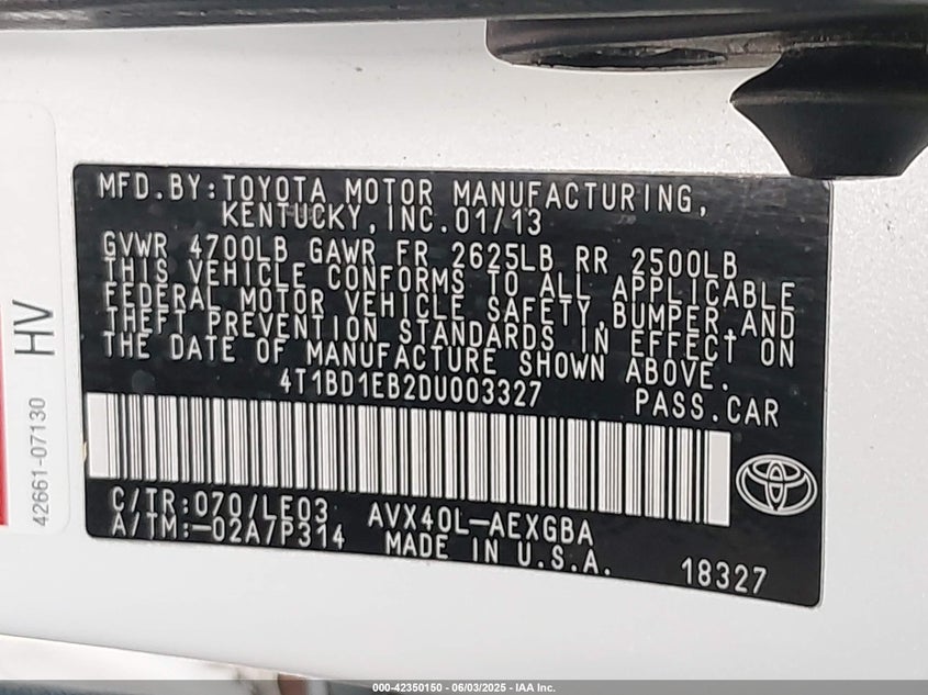 2013 TOYOTA AVALON VIN: 4T1BD1EB2DU003327