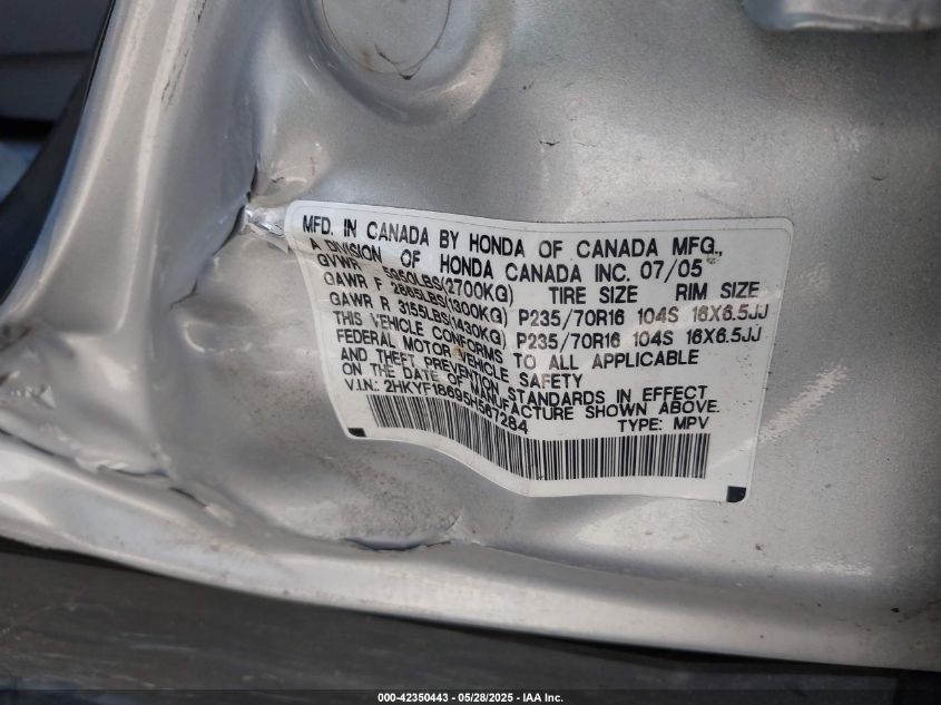 2005 Honda Pilot Ex-L VIN: 2HKYF18695H567284 Lot: 42350443