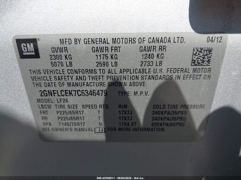 2012 CHEVROLET EQUINOX VIN: 2GNFLCEK7C6346479