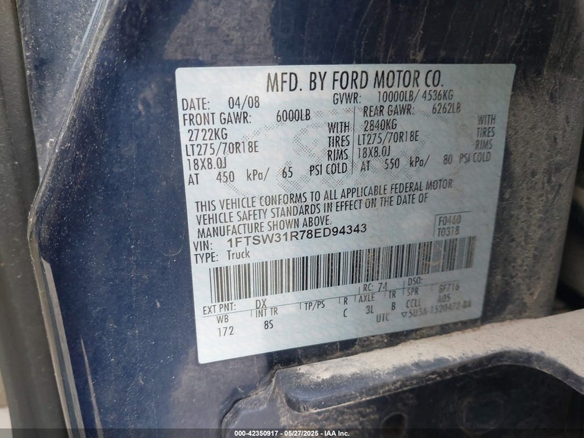 2008 FORD F 350 VIN: 1FTSW31R78ED94343