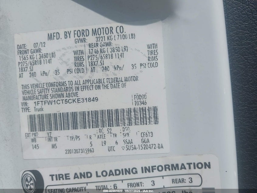 2012 FORD F150 VIN: 1FTFW1CT5CKE31849