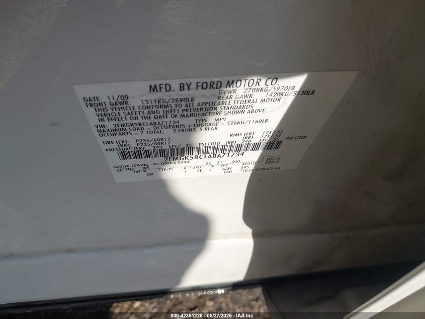 2010 FORD FLEX VIN: 2FMGK5BC1ABA71734