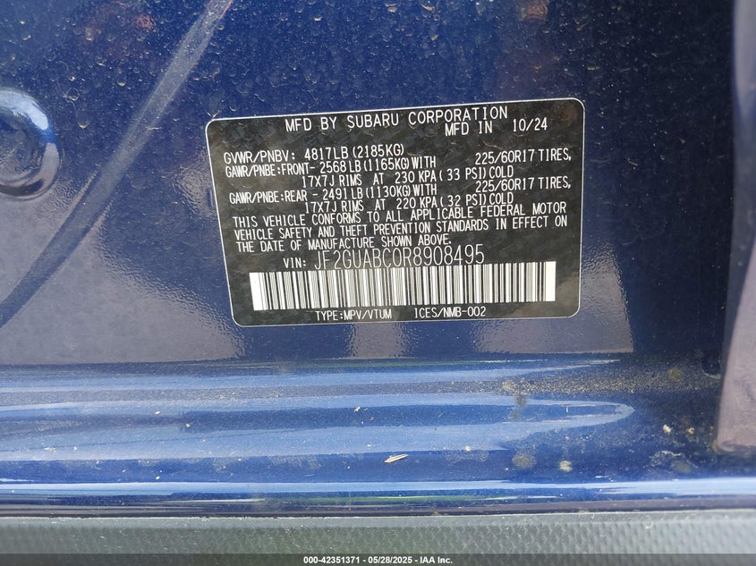 2024 SUBARU CROSSTREK 2.0L H-4 DI, DOHC, V(VIN: JF2GUABC0R8908495