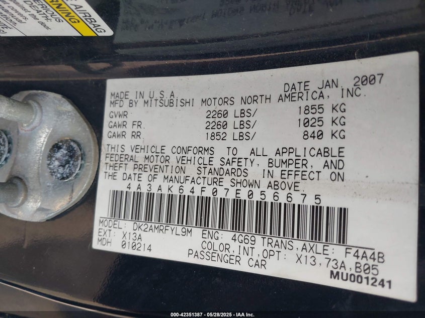 2007 MITSUBISHI ECLIPSE VIN: 4A3AK64F07E056675