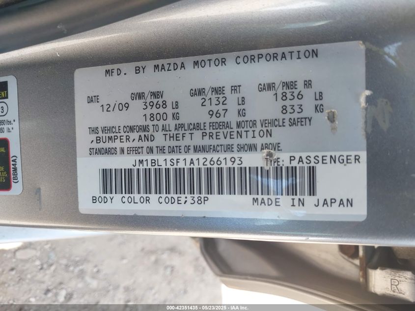 2010 Mazda Mazda3 I Touring VIN: JM1BL1SF1A1266193 Lot: 42351435